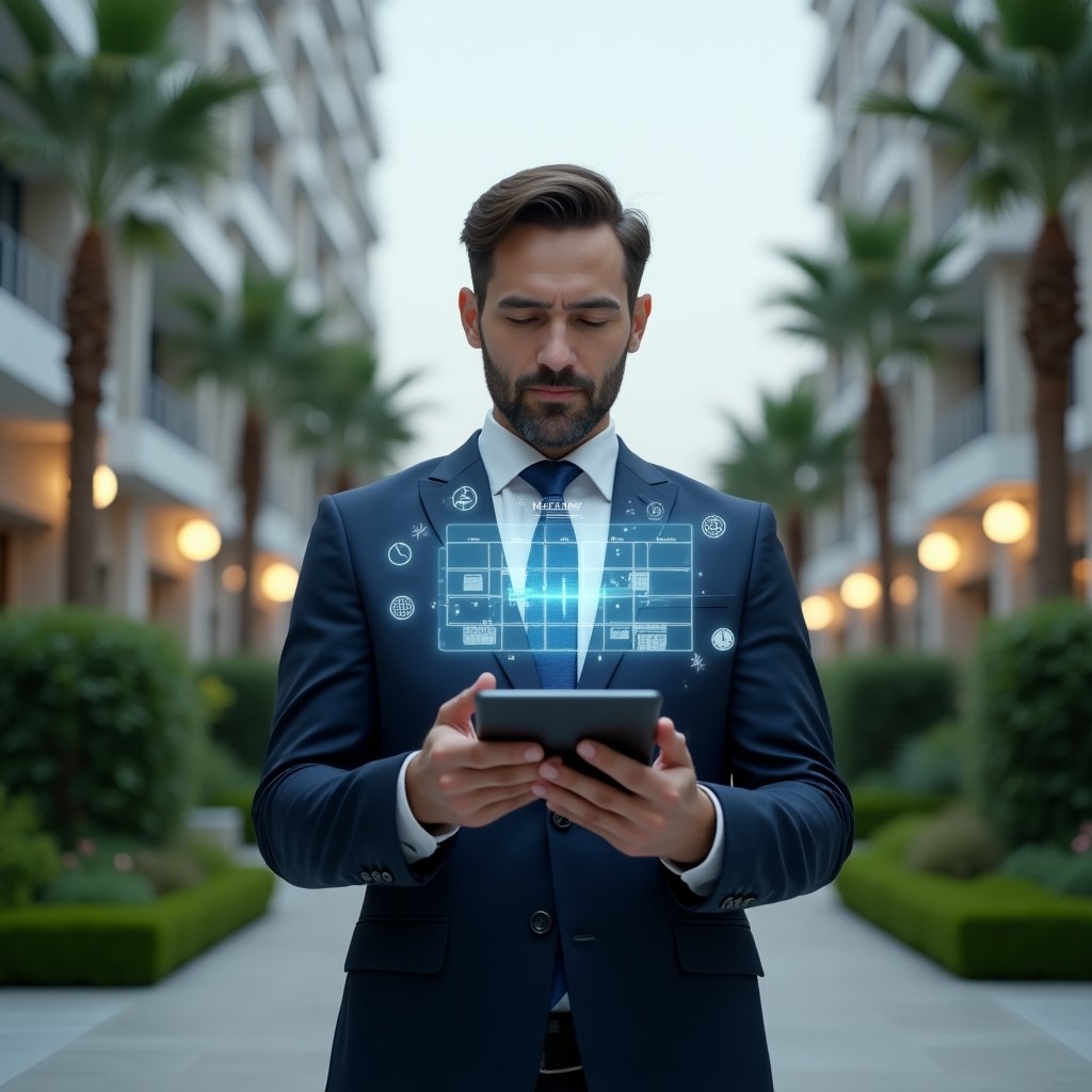 (Ultra-realistic condominium manager in a navy tailored suit, set in a modern luxury condominium environment with high-rise buildings and manicured green landscaping, standing in a medium shot reviewing a holographic annual schedule calendar projection above a digital tablet, confident and focused expression, floating icons of checklists and clocks symbolizing task planning, cinematic lighting, shallow depth of field, highly detailed textures, realistic skin, photographic realism, 8k resolution --ar 1:1 --v 6)
