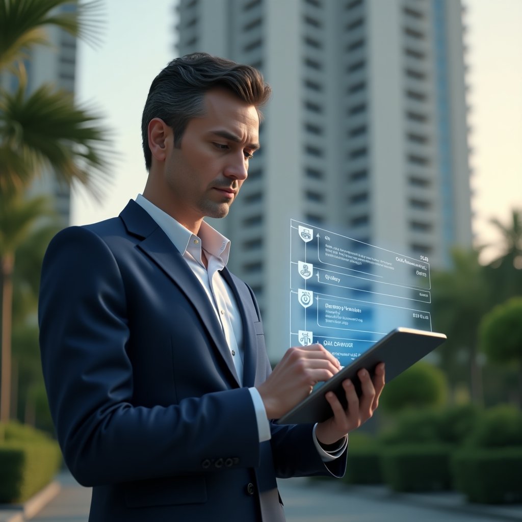 (Ultra-realistic condominium property manager in a tailored navy suit, medium shot in a modern luxury condominium environment with high-rise buildings and lush green landscaping, reviewing a digital tablet projecting a holographic activity schedule with timeline icons, focused and confident expression, cinematic lighting, shallow depth of field, highly detailed textures, realistic skin, photographic realism, 8k resolution --ar 1:1 --v 6)