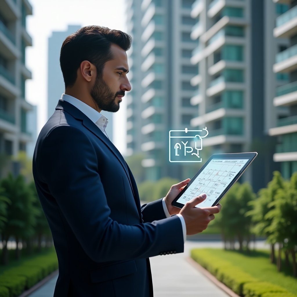 Ultra-realistic condominium property manager in a tailored navy blue suit, set in a modern luxury condominium environment with high-rise buildings and well-manicured green landscaping, medium shot holding a tablet projecting a holographic activity schedule, confidently analyzing a floating calendar with task and deadline icons, cinematic lighting, shallow depth of field, highly detailed textures, realistic skin, photographic realism, 8k resolution --ar 1:1 --v 6