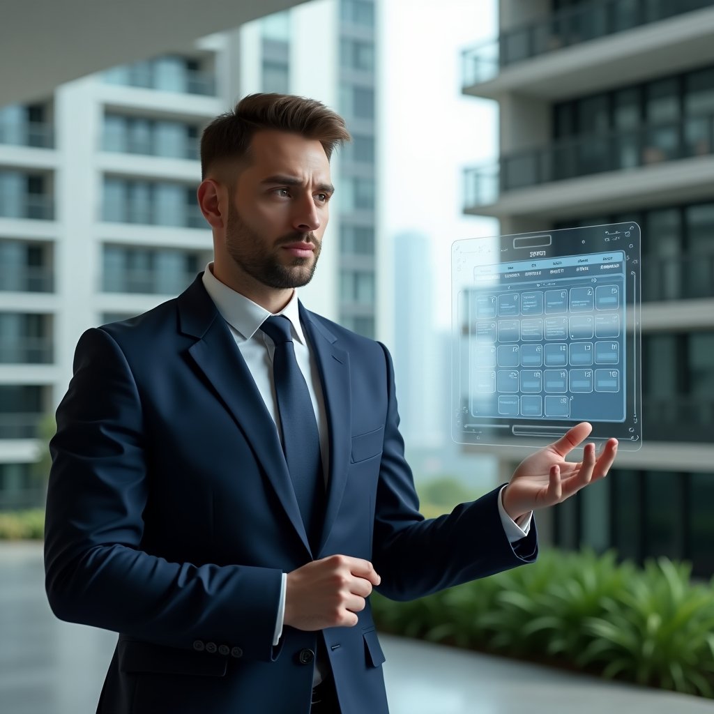 (Ultra-realistic condominium manager in a navy blue executive suit, set in a modern luxury condominium environment with high-rise buildings and pristine green landscaping, interacting with a floating holographic calendar displaying a detailed activity schedule, confident and focused expression, cinematic lighting, shallow depth of field, highly detailed textures, realistic skin, photographic realism, 8k resolution --ar 1:1 --v 6)