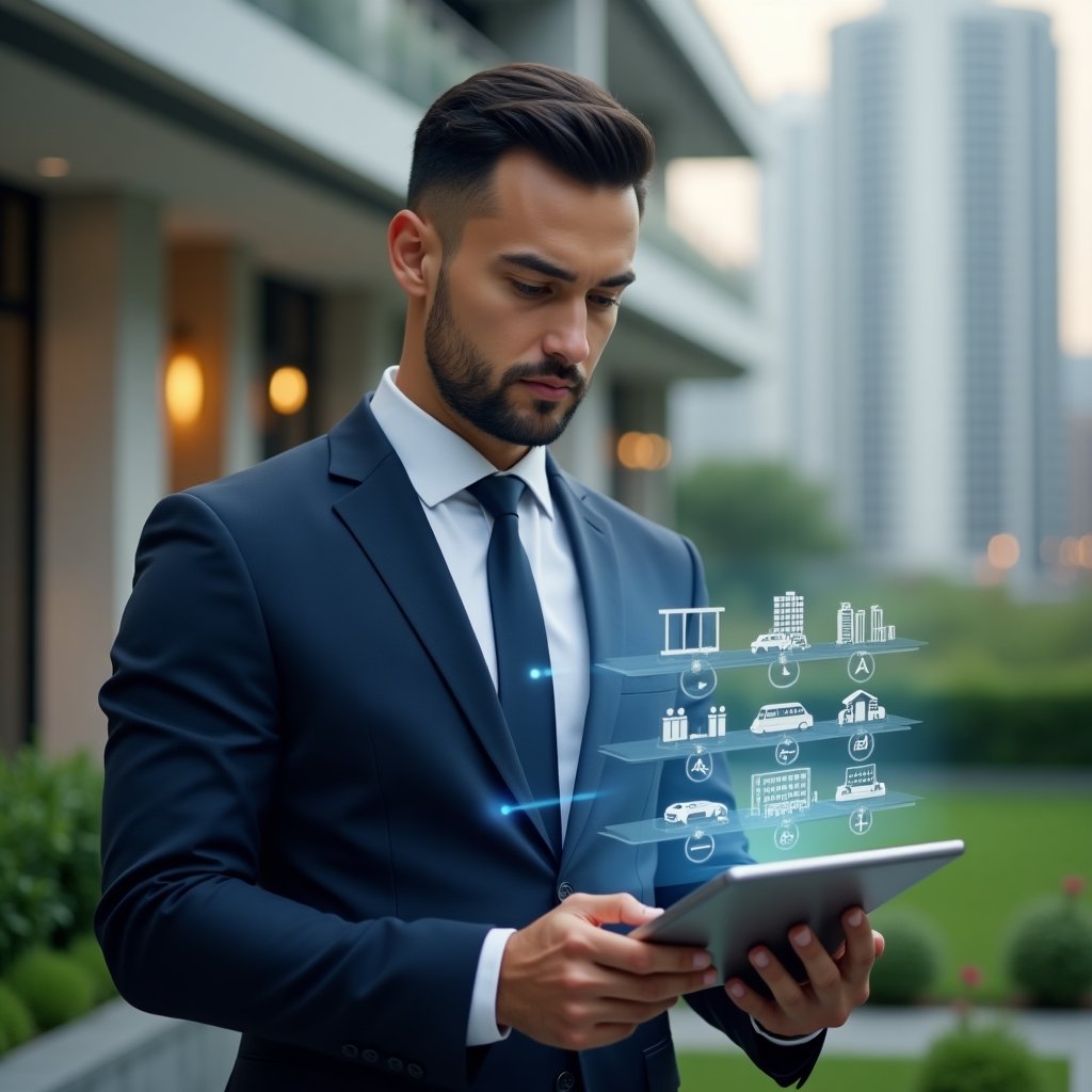 (Ultra-realistic condominium manager in a navy blue tailored suit, set in a modern luxury condominium environment with high-rise buildings and lush green landscaping, mid shot of the manager holding a tablet displaying a holographic calendar schedule, confident and focused expression, floating holographic calendar icons symbolizing planning, cinematic lighting, shallow depth of field, highly detailed textures, realistic skin, photographic realism, 8k resolution --ar 1:1 --v 6)