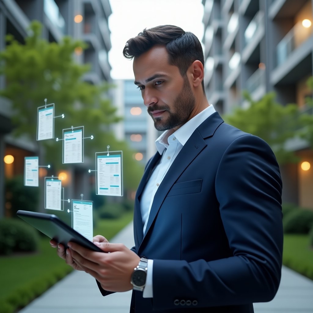 (Ultra-realistic condominium manager in a navy blue suit, set in a modern luxury condominium environment with high-rise buildings and lush green landscaping, medium close-up holding a tablet displaying a holographic digital schedule, holographic calendar icons floating around to symbolize organized timelines, expression confident and focused, cinematic lighting, shallow depth of field, highly detailed textures, realistic skin, photographic realism, 8k resolution --ar 1:1 --v 6)