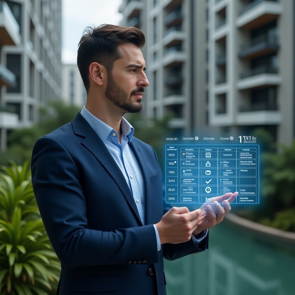 (Ultra-realistic condominium manager in a navy blue suit, set in a modern luxury condominium environment with high-rise buildings and lush green landscaping, interacting with a floating holographic schedule interface filled with calendar tasks, checkmarks and deadlines, pointing at a highlighted task with a confident and focused expression, cinematic lighting, shallow depth of field, highly detailed textures, realistic skin, photographic realism, 8k resolution --ar 1:1 --v 6)