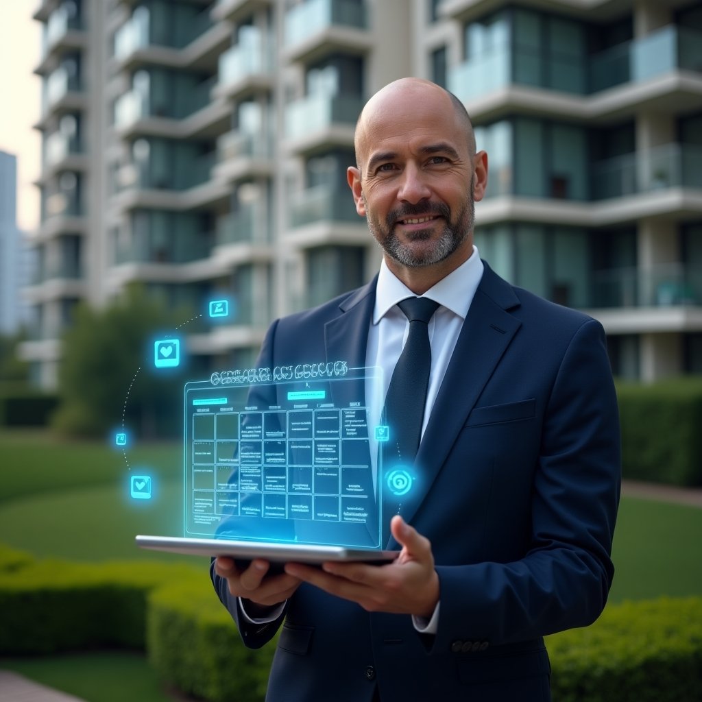 Ultra-realistic professional condominium manager in a tailored dark blue suit, set in a modern luxury condominium environment with high-rise buildings and manicured green landscaping, holding a tablet projecting a glowing holographic activity schedule calendar, with floating icons representing maintenance tasks, event notifications and automatic alerts, confident expression, cinematic lighting, shallow depth of field, highly detailed textures, realistic skin, photographic realism, 8k resolution --ar 1:1 --v 6