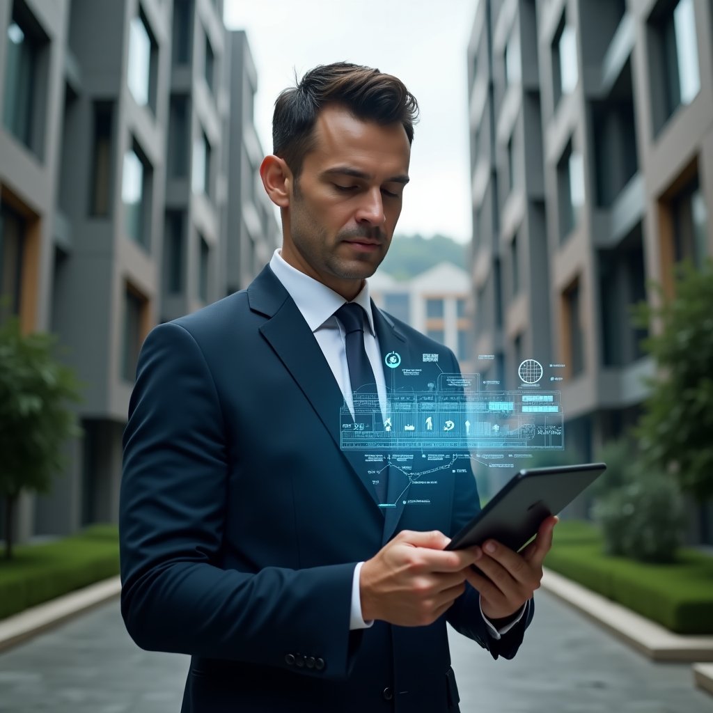 Ultra-realistic condominium manager in a tailored navy suit, standing in a modern luxury condominium environment with sleek high-rise buildings and manicured greenery, analyzing a holographic schedule timeline projected from a tablet, floating icons of tools, calendar and clock around them, confident and focused expression, cinematic lighting, shallow depth of field, highly detailed textures, realistic skin, photographic realism, 8k resolution --ar 1:1 --v 6