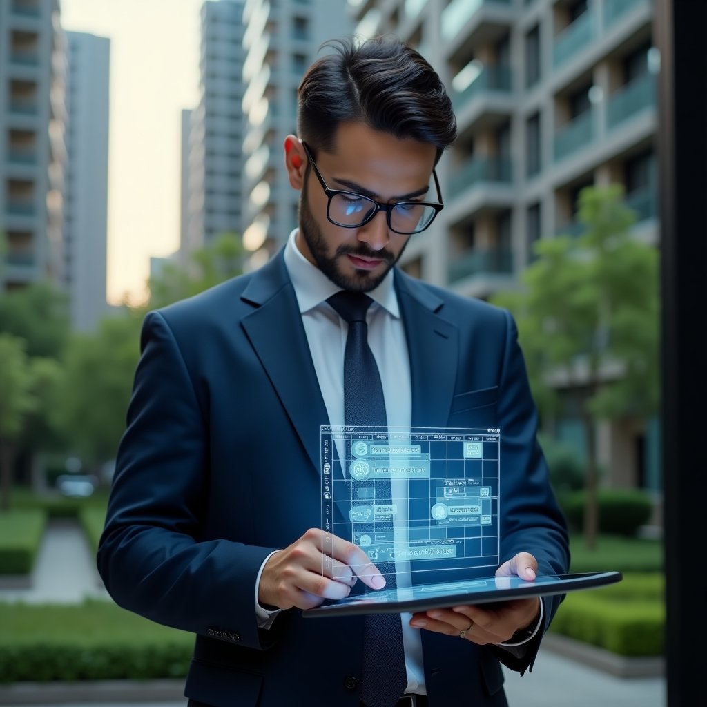 Ultra-realistic condominium manager in a navy blue suit, set in a modern luxury condominium environment with high-rise buildings and lush green landscaping, examining a digital tablet projecting a holographic activity schedule calendar with icons for maintenance, cleaning, and security, confident and focused expression, cinematic lighting, shallow depth of field, highly detailed textures, realistic skin, photographic realism, 8k resolution --ar 1:1 --v 6