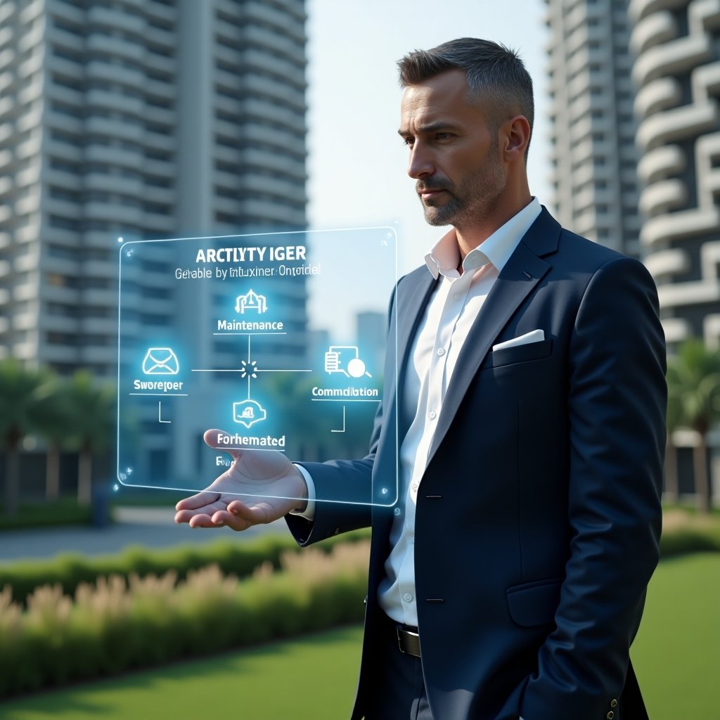 Ultra-realistic condominium manager in a tailored navy blue suit, set in a modern luxury condominium environment with sleek high-rise buildings and lush green landscaping, medium shot of the manager interacting with a floating holographic activity schedule displaying maintenance and communication icons, conveying confidence and focus, cinematic lighting, shallow depth of field, highly detailed textures, realistic skin, photographic realism, 8k resolution --ar 1:1 --v 6