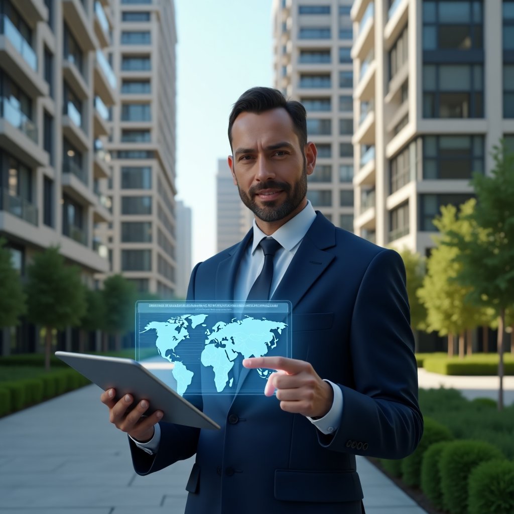 Ultra-realistic property manager in a navy blue business suit, set in a modern luxury condominium environment with high-rise buildings and meticulously maintained green landscaping, holding a digital tablet displaying a holographic activity schedule map, pointing at a floating calendar interface representing task optimization, confident and focused expression, cinematic lighting, shallow depth of field, highly detailed textures, realistic skin, photographic realism, 8k resolution --ar 1:1 --v 6