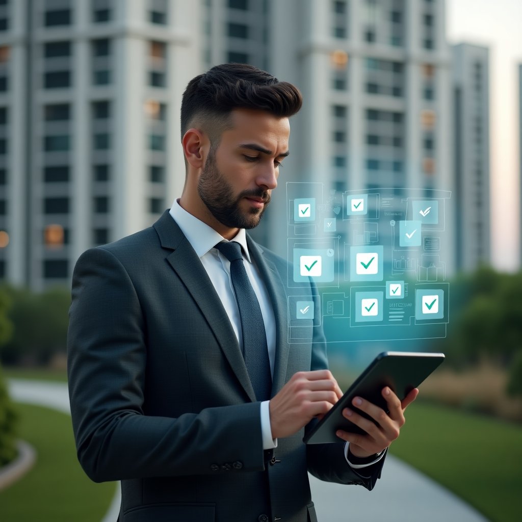 Ultra-realistic condominium manager in a charcoal gray executive suit, set in a modern luxury condominium environment with high-rise buildings and manicured green landscaping, mid-shot reviewing a holographic activity schedule projected above a digital tablet with floating calendar cards and checkmark icons, confident and focused expression, cinematic lighting, shallow depth of field, highly detailed textures, realistic skin, photographic realism, 8k resolution --ar 1:1 --v 6