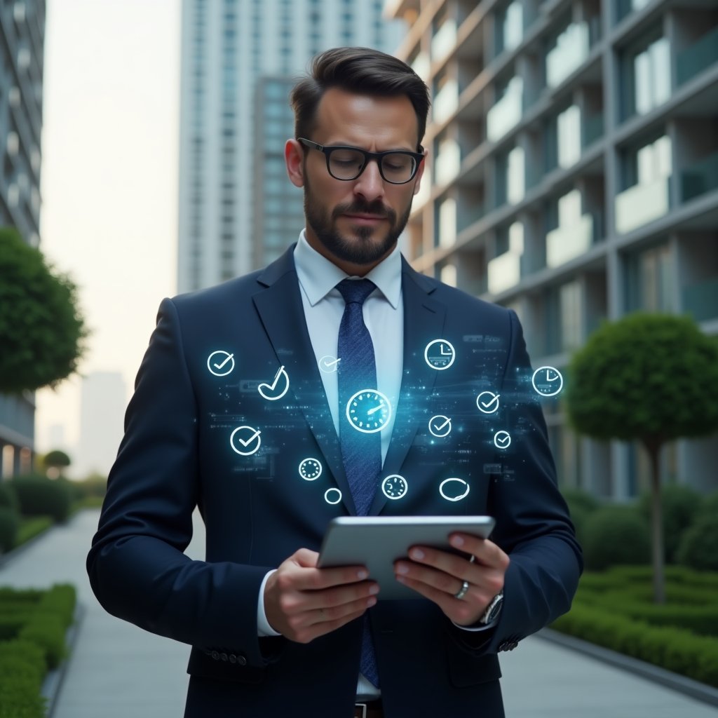 Ultra-realistic property manager in a dark navy business suit, set in a modern luxury condominium environment with high-rise buildings and green landscaping, holding a tablet displaying a holographic activity schedule, surrounded by floating icons of checkmarks and clocks, confident and focused expression, cinematic lighting, shallow depth of field, highly detailed textures, realistic skin, photographic realism, 8k resolution --ar 1:1 --v 6