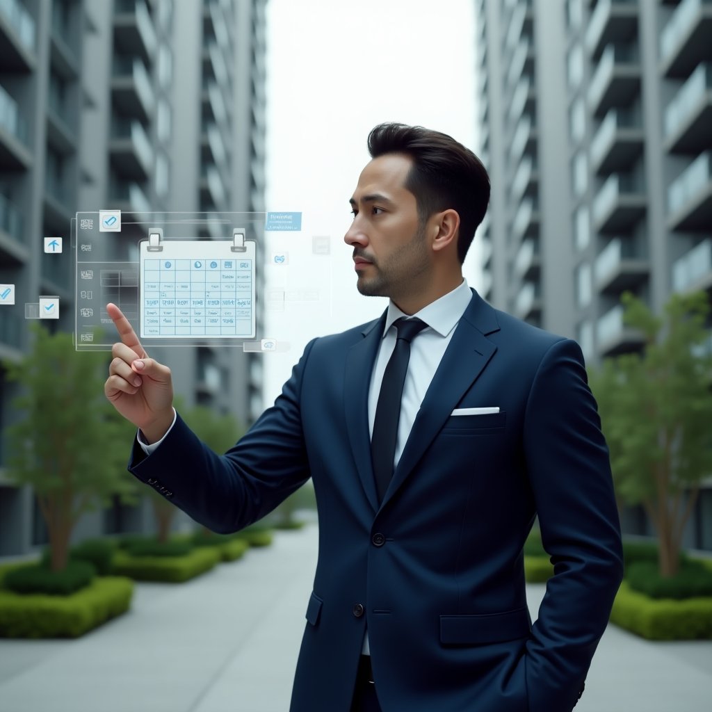(Ultra-realistic condominium manager in a tailored navy blue suit, set in a modern luxury condominium environment with high-rise buildings and manicured green landscaping, standing in a medium shot while pointing at a floating holographic calendar interface displaying scheduled tasks and deadlines, digital icons of maintenance tools and checkmarks hovering around, confident and focused expression, cinematic lighting, shallow depth of field, highly detailed textures, realistic skin, photographic realism, 8k resolution --ar 1:1 --v 6)