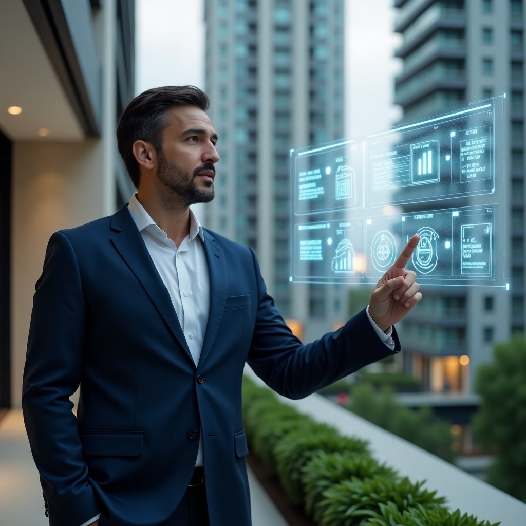 (Ultra-realistic condominium manager in a navy blue suit, set in a modern luxury condominium environment with high-rise buildings and green landscaping, confidently pointing at a holographic schedule timeline with floating icons representing tasks and deadlines, cinematic lighting, shallow depth of field, highly detailed textures, realistic skin, photographic realism, 8k resolution --ar 1:1 --v 6)