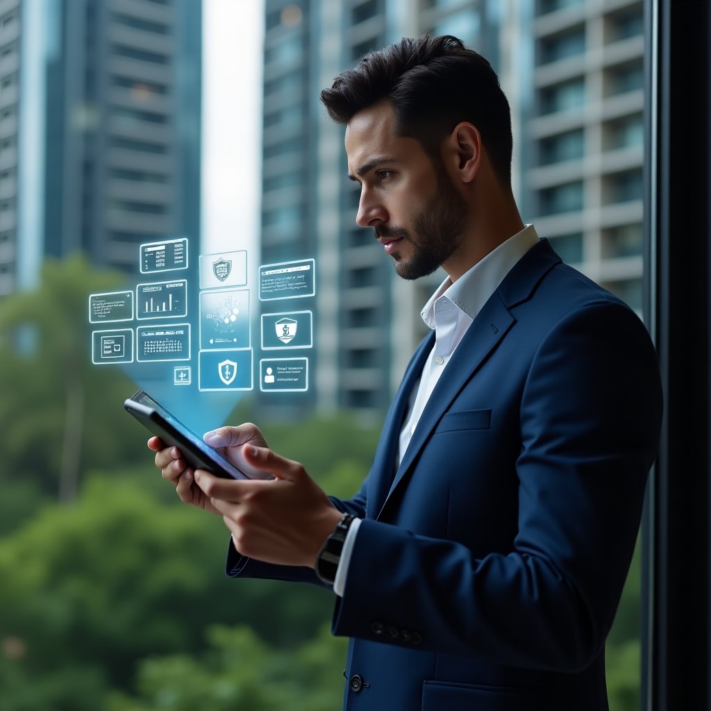 Ultra-realistic condominium manager professional in a tailored navy-blue suit, set in a modern luxury condominium environment with high-rise buildings and lush green landscaping, medium shot holding a tablet displaying holographic icons of reservation calendars, financial charts, chat bubbles and security badges, confidently analyzing advanced condo management features, cinematic lighting, shallow depth of field, highly detailed textures, realistic skin, photographic realism, 8k resolution --ar 1:1 --v 6