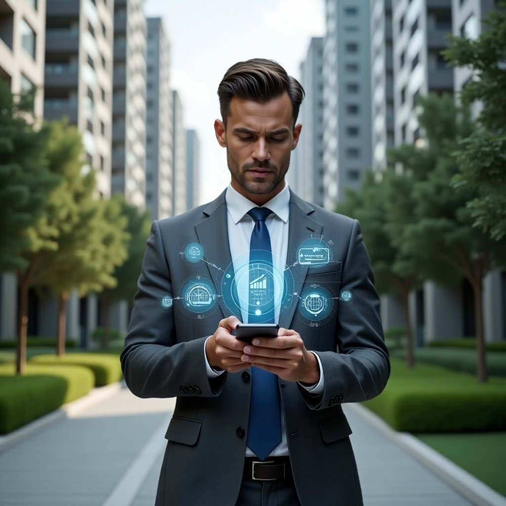 (Ultra-realistic professional property manager in a charcoal gray suit, set in a modern luxury condominium environment with high-rise buildings and manicured green landscaping, mid-shot holding a smartphone projecting holographic icons of a condominium management app, interactive charts and notifications swirling around, confident and focused expression, cinematic lighting, shallow depth of field, highly detailed textures, realistic skin, photographic realism, 8k resolution --ar 1:1 --v 6)
