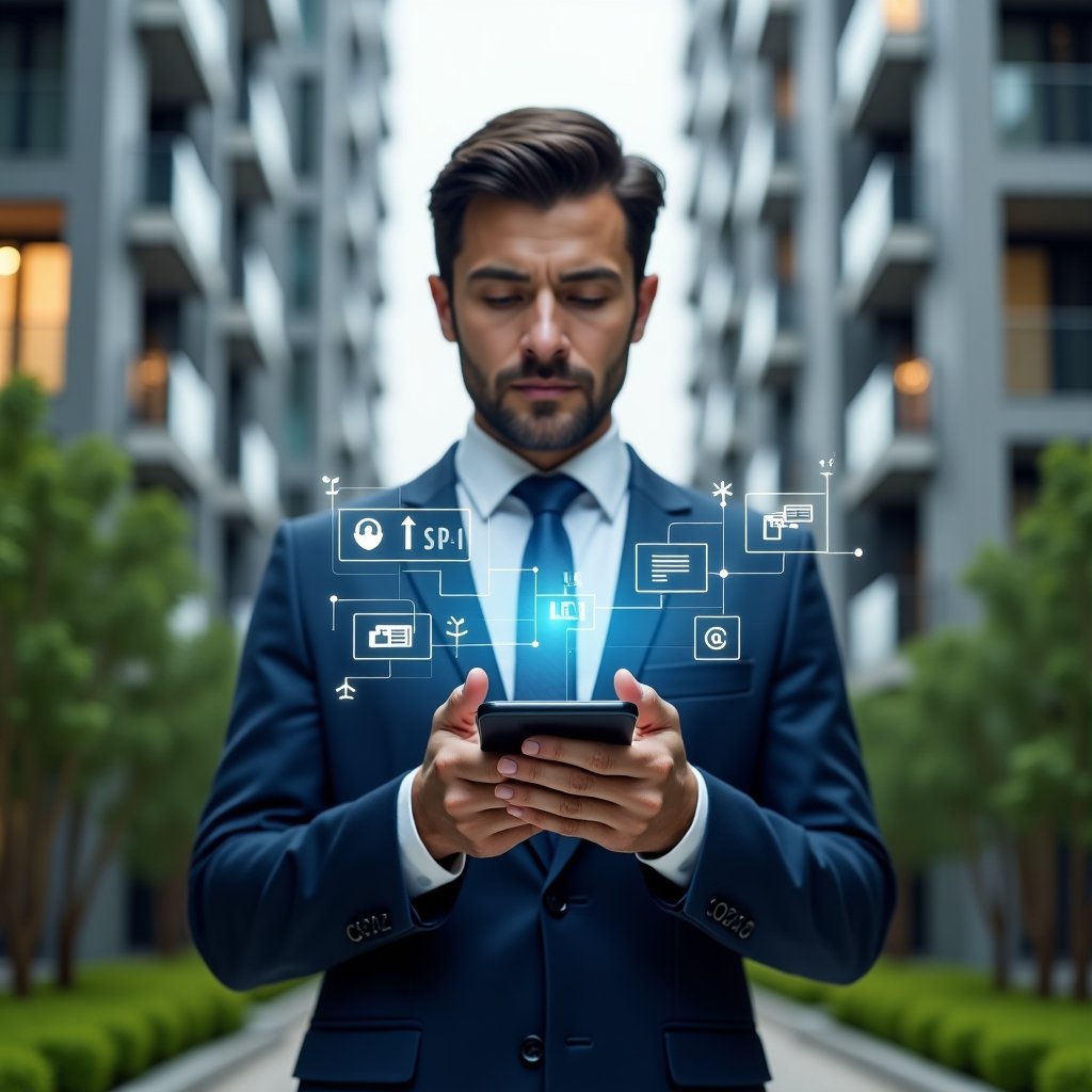 Ultra-realistic condominium manager in a navy blue suit, set in a modern luxury condominium environment with high-rise buildings and manicured green landscaping, interacting with a floating holographic mobile app interface displaying communication icons, financial charts and security alerts, confident and focused expression, cinematic lighting, shallow depth of field, highly detailed textures, realistic skin, photographic realism, 8k resolution --ar 1:1 --v 6