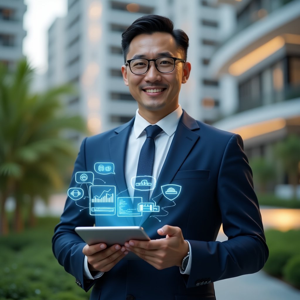 (Ultra-realistic condominium manager in a navy blue tailored suit, set in a modern luxury condominium environment with high-rise buildings and lush green landscaping, holding a tablet displaying a holographic interface of a condo management app with floating chat bubbles, financial charts and security shield icons, confident expression, cinematic lighting, shallow depth of field, highly detailed textures, realistic skin, photographic realism, 8k resolution --ar 1:1 --v 6)