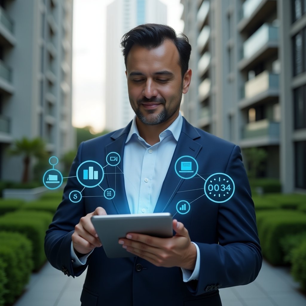 (Ultra-realistic condominium manager in a navy blue tailored suit, set in a modern luxury condominium environment with high-rise buildings and lush green landscaping, mid-shot of a confident professional holding a tablet and analyzing floating holographic charts and icons representing efficient condo management, cinematic lighting, shallow depth of field, highly detailed textures, realistic skin, photographic realism, 8k resolution --ar 1:1 --v 6)