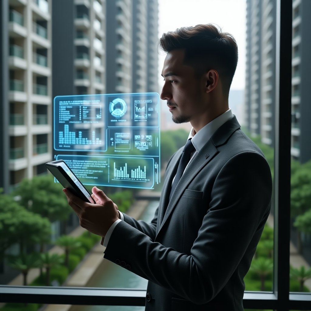 (Ultra-realistic condominium manager in a charcoal gray executive suit, set in a modern luxury condominium environment with high-rise buildings and lush green landscaping, mid shot of a professional man confidently reviewing holographic budget charts, contract icons and cost-saving graphs projected above his tablet, cinematic lighting, shallow depth of field, highly detailed textures, realistic skin, photographic realism, 8k resolution --ar 1:1 --v 6)