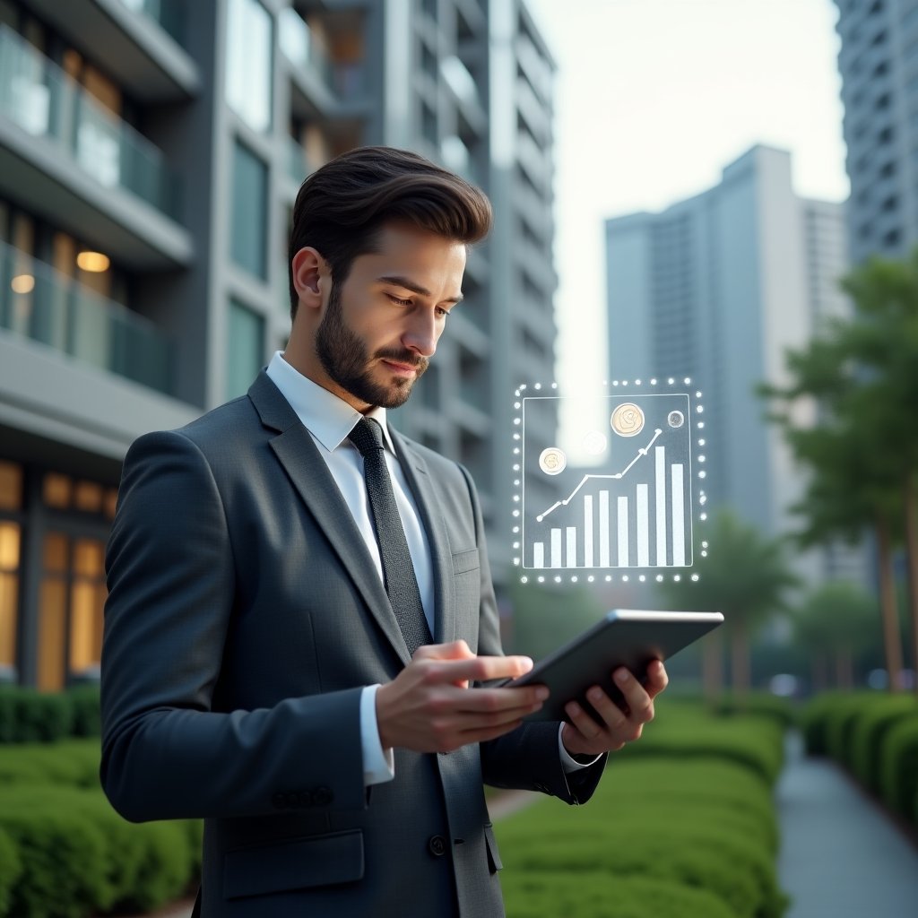 (Ultra-realistic condominium manager in a charcoal grey suit, set in a modern luxury condominium environment with high-rise buildings and manicured green landscaping, examining a transparent holographic expense chart projected above a digital tablet, floating icons of coins and bar graphs symbolizing cost control, thoughtful and confident expression, cinematic lighting, shallow depth of field, highly detailed textures, realistic skin, photographic realism, 8k resolution --ar 1:1 --v 6)