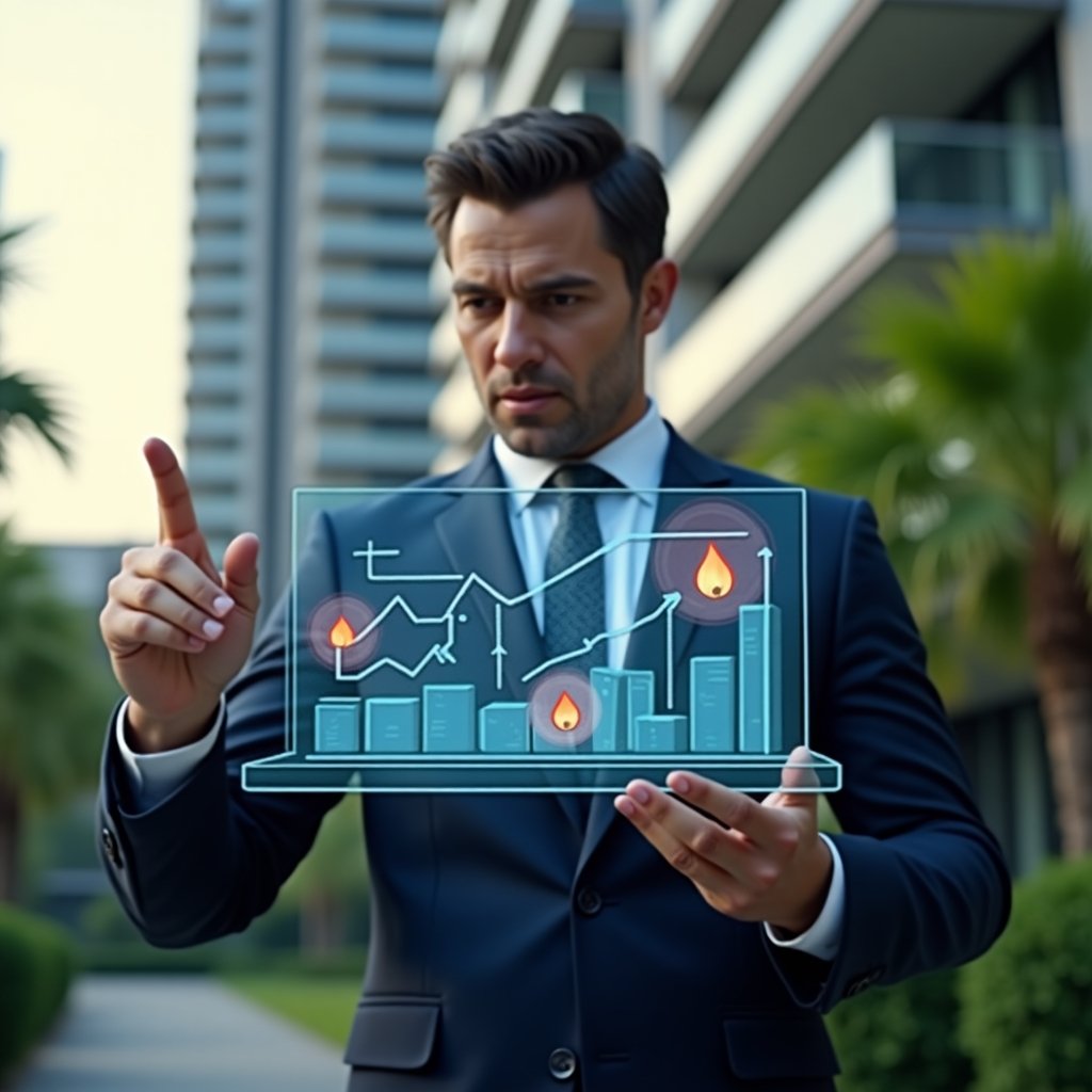 Ultra-realistic condominium manager in a tailored navy suit, set in a modern luxury condominium environment with high-rise buildings and lush green landscaping, examining a floating holographic budget chart showing draining finances, confidently pointing at red warning arrows and a leaking piggy bank icon, cinematic lighting, shallow depth of field, highly detailed textures, realistic skin, photographic realism, 8k resolution --ar 1:1 --v 6