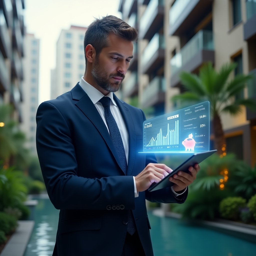Ultra-realistic condominium manager in a navy-blue tailored suit, set in a modern luxury condominium environment with high-rise buildings and lush green landscaping, reviewing financial reports on a transparent tablet with holographic expense charts and a piggy bank icon symbolizing cost savings, cinematic lighting, shallow depth of field, highly detailed textures, realistic skin, photographic realism, 8k resolution --ar 1:1 --v 6