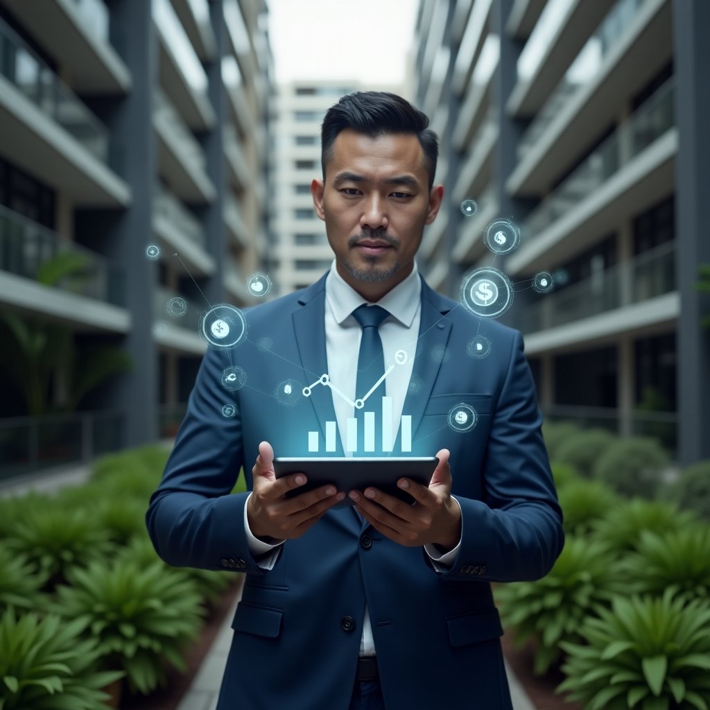 (Ultra-realistic condo manager in a navy blue suit, set in a modern luxury condominium environment with high-rise buildings and manicured green landscaping, medium shot of the manager holding a tablet projecting a holographic cost-reduction chart with floating coin and graph icons, confident and focused expression, cinematic lighting, shallow depth of field, highly detailed textures, realistic skin, photographic realism, 8k resolution --ar 1:1 --v 6)