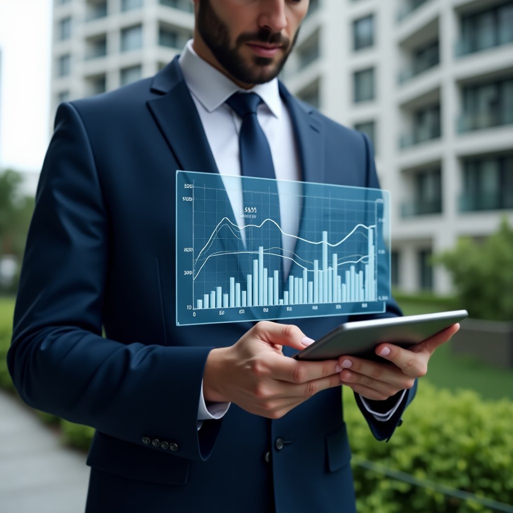 (Ultra-realistic condominium manager in a navy blue suit, set in a modern luxury condominium environment with high-rise buildings and green landscaping, holding a tablet and examining a transparent holographic financial chart, floating budget graphs and icons symbolizing expense control, cinematic lighting, shallow depth of field, highly detailed textures, realistic skin, photographic realism, 8k resolution --ar 1:1 --v 6)