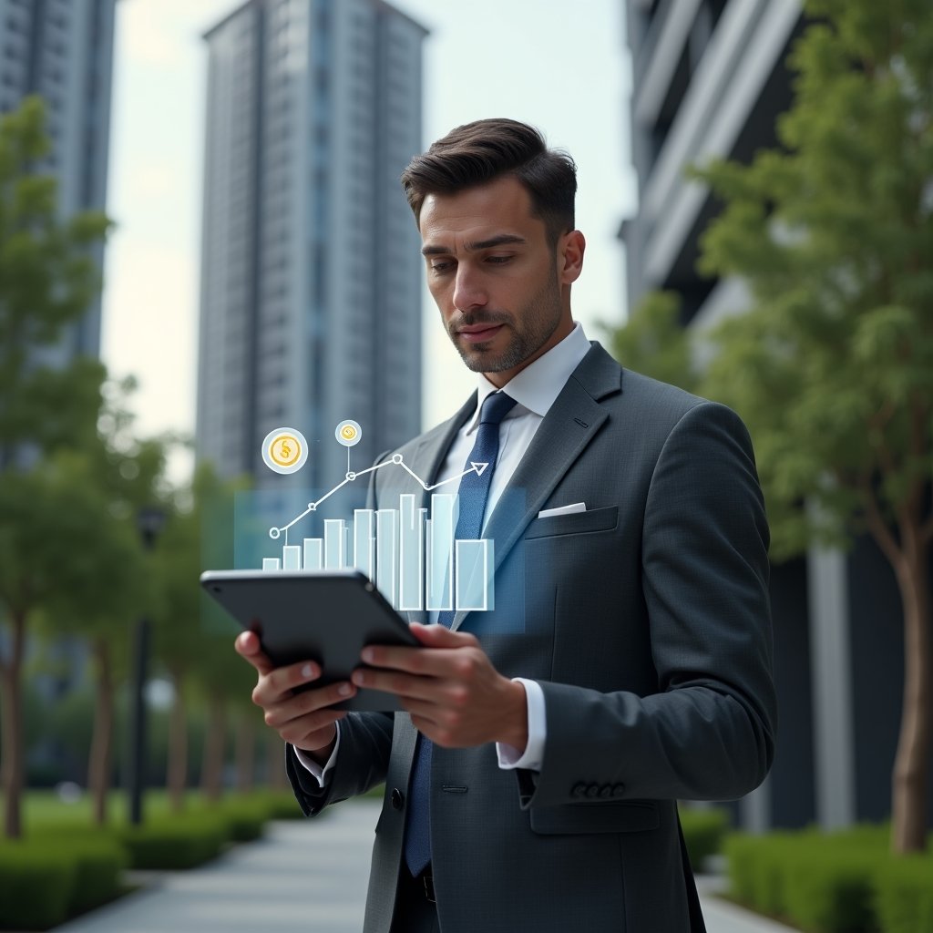 Ultra-realistic condominium manager in a tailored charcoal gray suit, set in a modern luxury condominium environment with high-rise residential towers and manicured green landscaping, medium shot, holding a sleek tablet projecting a holographic bar graph and coin icons symbolizing fundraising without raising fees, analyzing data with a confident and thoughtful expression, cinematic lighting, shallow depth of field, highly detailed textures, realistic skin, photographic realism, 8k resolution --ar 1:1 --v 6