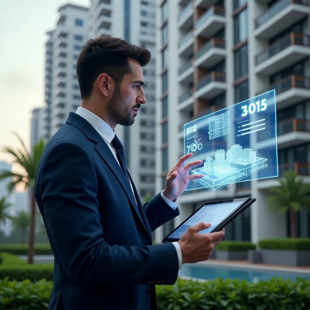 Ultra-realistic condominium manager in a navy blue executive suit, set in a modern luxury condominium environment with high-rise buildings and green landscaping, examining holographic blueprints on a tablet, pointing at floating budget charts and a 3D building model, confident and thoughtful expression, cinematic lighting, shallow depth of field, highly detailed textures, realistic skin, photographic realism, 8k resolution --ar 1:1 --v 6
