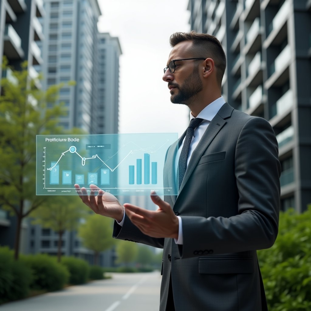 Ultra-realistic condominium manager in a charcoal gray suit, set in a modern luxury condominium environment with high-rise buildings and lush green landscaping, standing mid-frame and reviewing a translucent holographic financial dashboard that highlights ordinary vs extraordinary expenses, with floating icons of coins, repair tools and budget charts, thoughtful and confident expression, cinematic lighting, shallow depth of field, highly detailed textures, realistic skin, photographic realism, 8k resolution --ar 1:1 --v 6