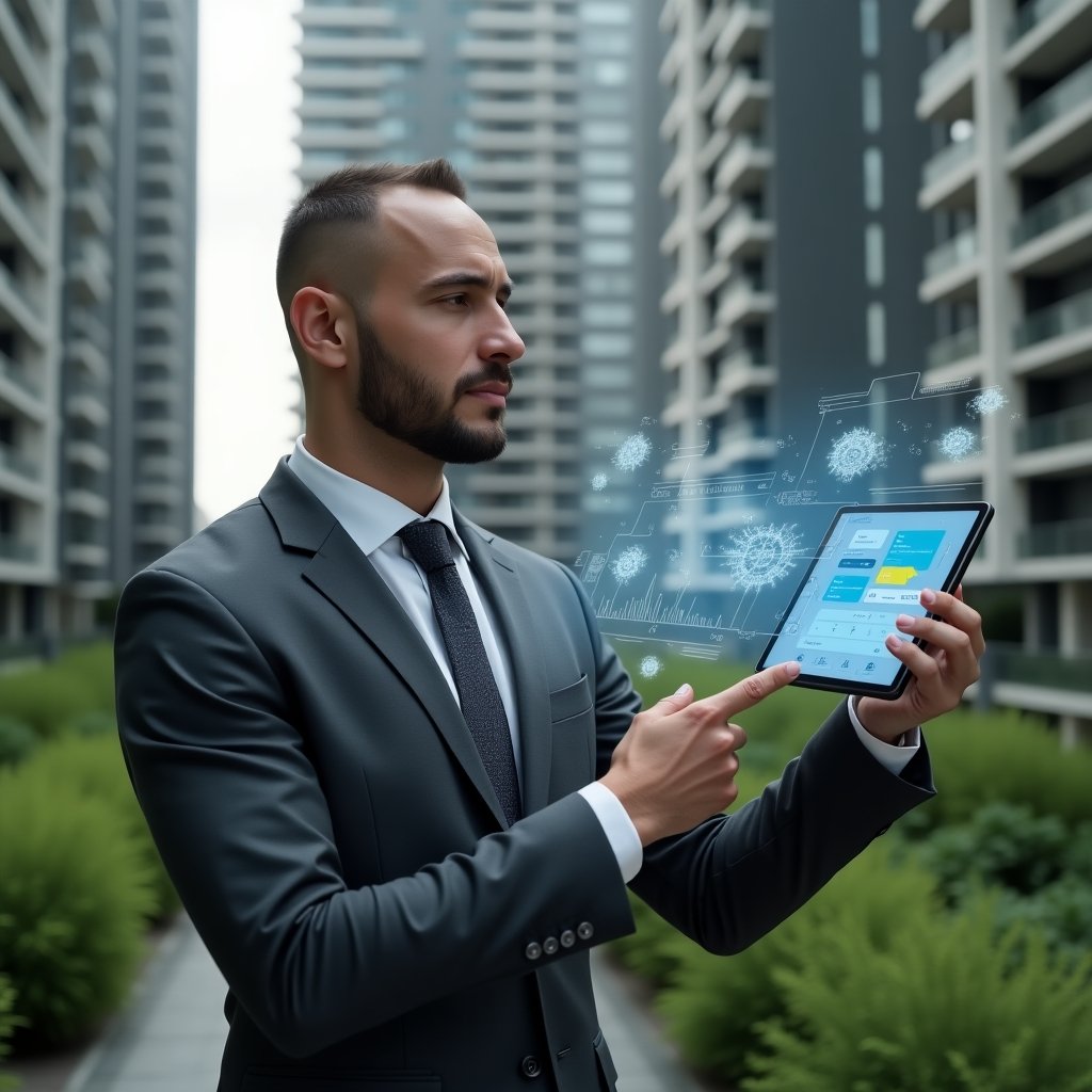 Ultra-realistic condominium manager in a charcoal gray suit, set in a modern luxury condominium environment with high-rise buildings and green landscaping, holding a tablet displaying a holographic breakdown of ordinary vs extraordinary expenses, pointing thoughtfully at floating expense icons and charts, cinematic lighting, shallow depth of field, highly detailed textures, realistic skin, photographic realism, 8k resolution --ar 1:1 --v 6