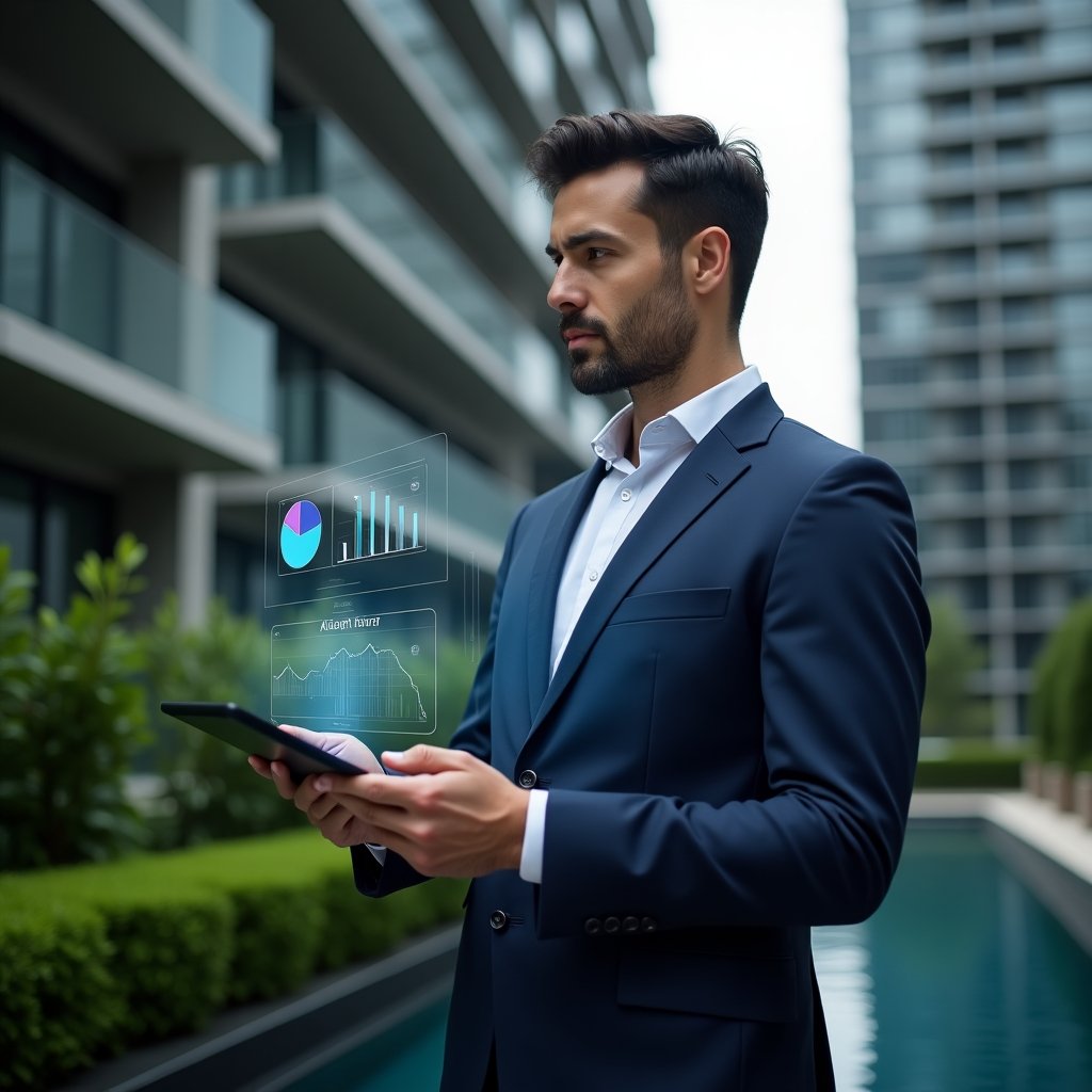 Ultra-realistic condominium manager in a navy blue suit, set in a modern luxury condominium environment with high-rise buildings and well-kept green landscaping, holding a digital tablet displaying floating holographic pie charts and graphs comparing ordinary and extraordinary expenses, analyzing financial data with a thoughtful, confident expression, cinematic lighting, shallow depth of field, highly detailed textures, realistic skin, photographic realism, 8k resolution --ar 1:1 --v 6