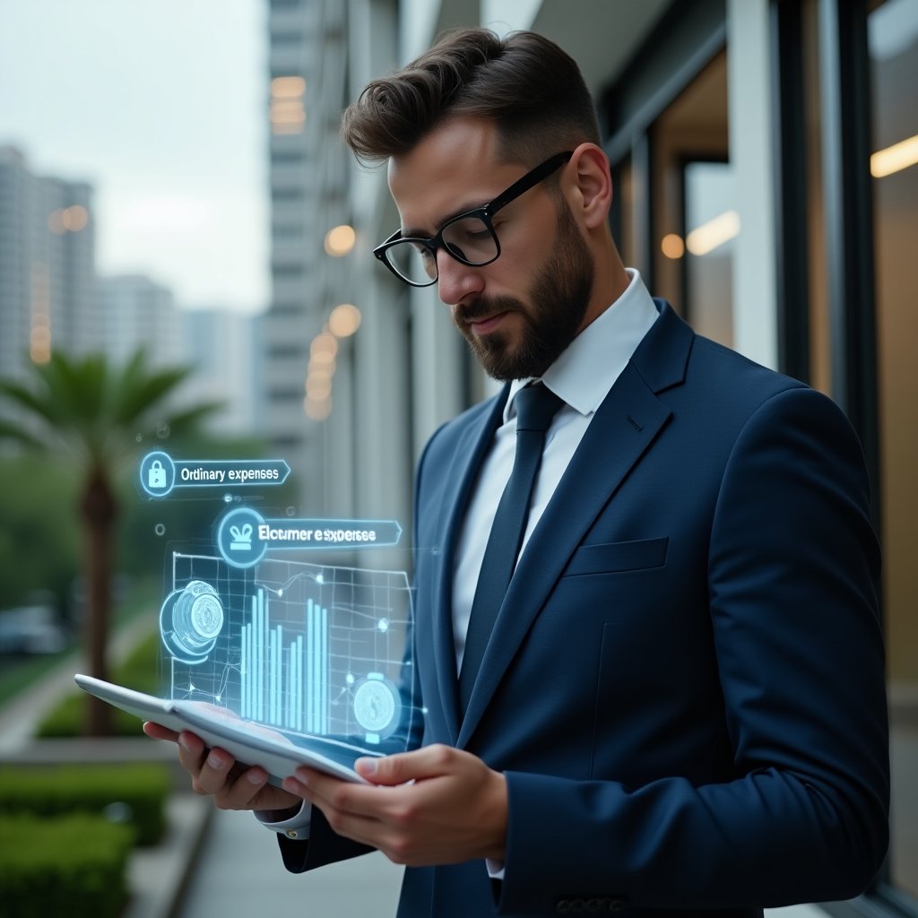 (Ultra-realistic condominium manager in a tailored navy suit, set in a modern luxury condominium environment with high-rise buildings and manicured greenery, close-up shot of a professional condominium manager examining two floating holographic financial charts labeled “Ordinary expenses” and “Extraordinary expenses”, holographic icons of coins and a wrench symbolizing repairs, thoughtful expression, cinematic lighting, shallow depth of field, highly detailed textures, realistic skin, photographic realism, 8k resolution --ar 1:1 --v 6)