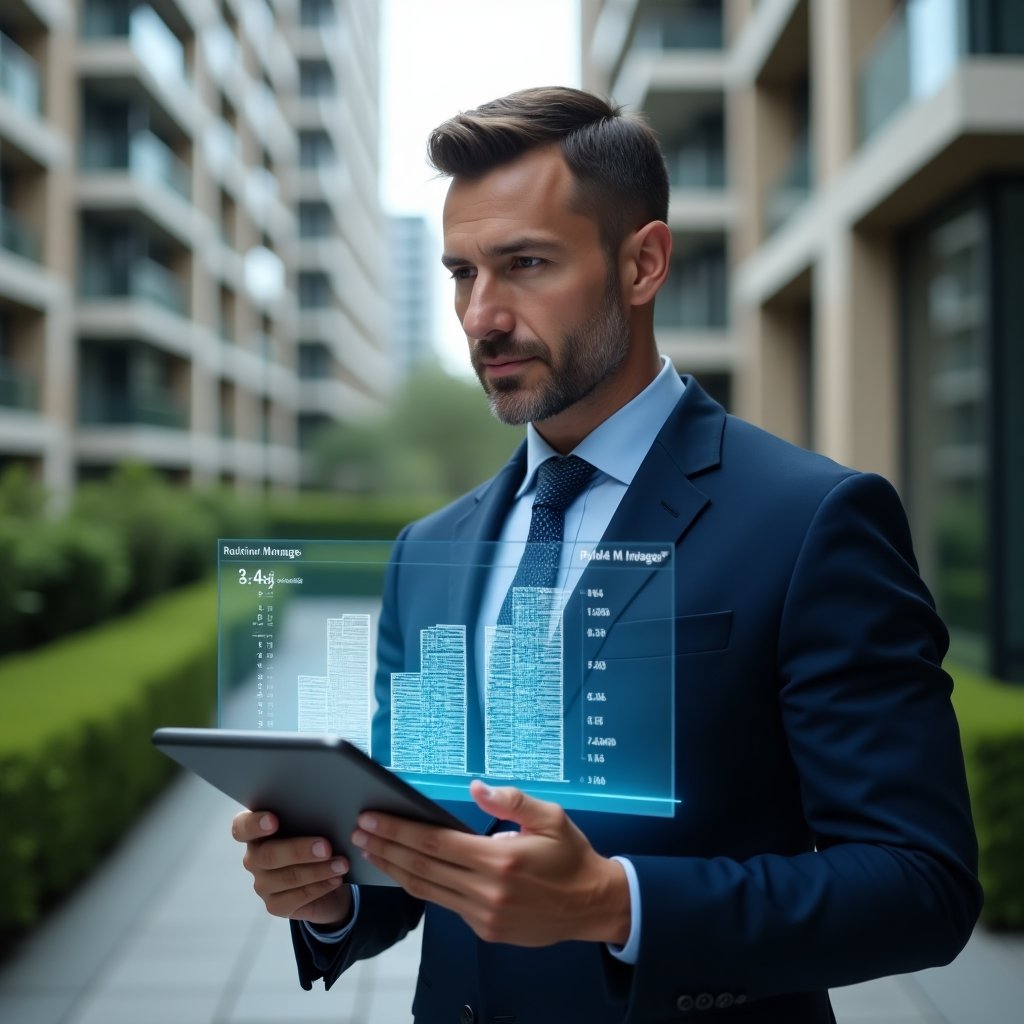 Ultra-realistic condominium manager in a navy blue suit, set in a modern luxury condominium environment with high-rise buildings and manicured green landscaping, holding a tablet displaying holographic budget charts comparing routine maintenance vs emergency repair costs, confident and thoughtful expression, cinematic lighting, shallow depth of field, highly detailed textures, realistic skin, photographic realism, 8k resolution --ar 1:1 --v 6