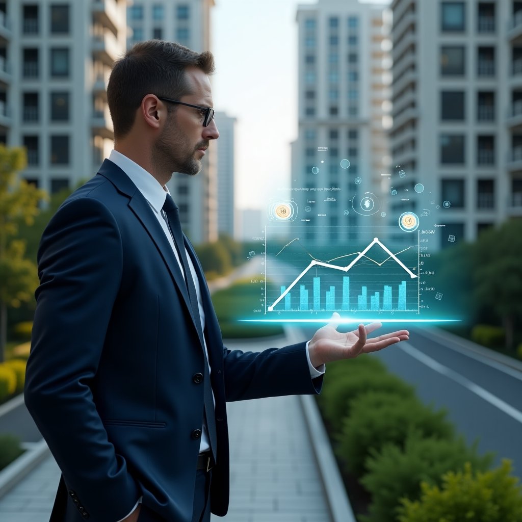 (Ultra-realistic condominium manager in a navy blue executive suit, set in a modern luxury condominium environment with high-rise buildings and lush green landscaping, medium shot of a confident professional analyzing a floating holographic chart split between routine and emergency expenses, digital icons of coins and alert symbols orbiting the display, cinematic lighting, shallow depth of field, highly detailed textures, realistic skin, photographic realism, 8k resolution --ar 1:1 --v 6)