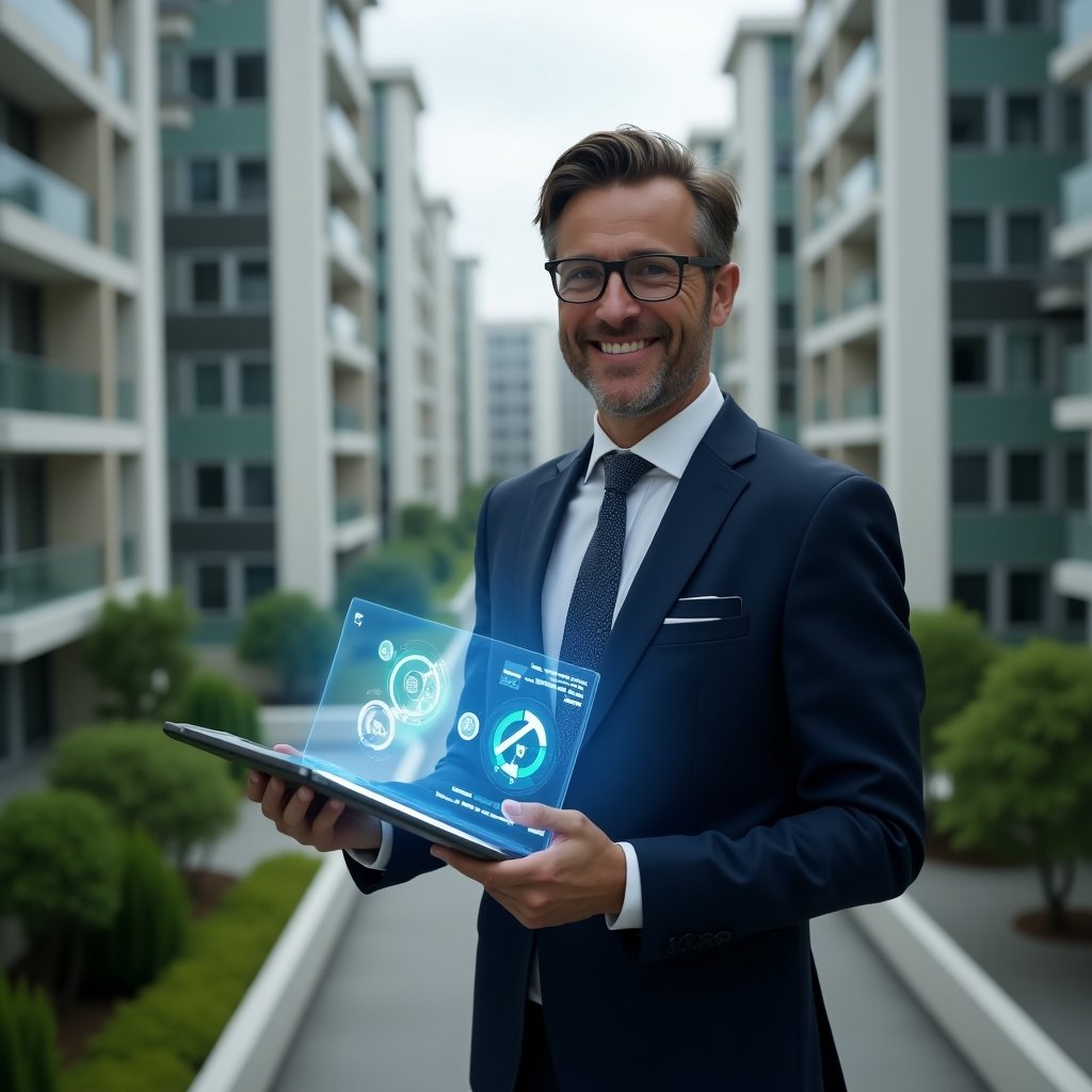 Ultra-realistic condominium manager in a navy suit, set in a modern luxury condominium environment with high-rise buildings and green landscaping, holding a tablet displaying a holographic chart contrasting ordinary and extraordinary expenses, analytical expression, holographic icons of coins and repair tools representing routine and emergency costs, cinematic lighting, shallow depth of field, highly detailed textures, realistic skin, photographic realism, 8k resolution --ar 1:1 --v 6
