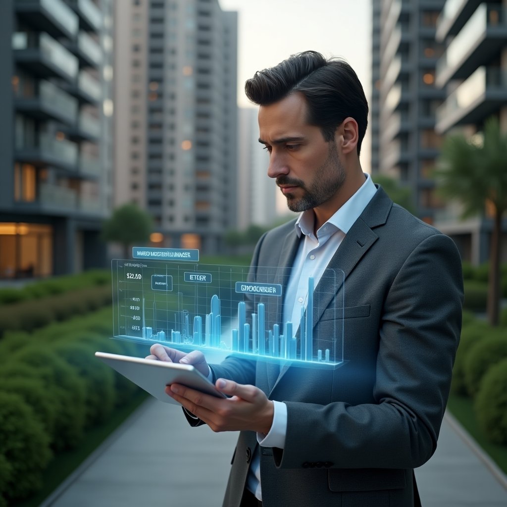 (Ultra-realistic condominium manager in a charcoal gray suit, set in a modern luxury condominium environment with high-rise buildings and green landscaping, examining a holographic financial chart contrasting ordinary vs extraordinary expenses above a tablet in his hands, expression thoughtful and confident, cinematic lighting, shallow depth of field, highly detailed textures, realistic skin, photographic realism, 8k resolution --ar 1:1 --v 6)