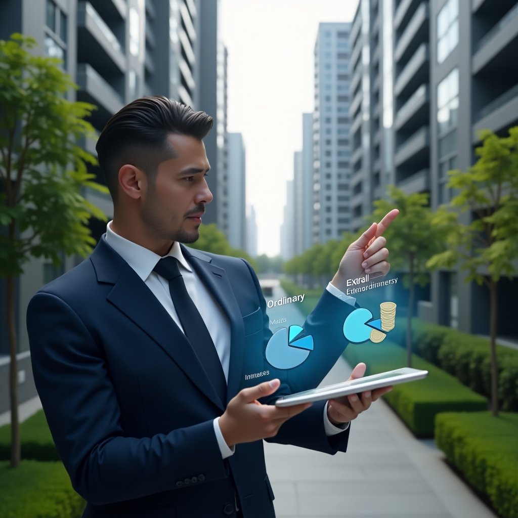 (Ultra-realistic condominium manager in a navy blue executive suit, set in a modern luxury condominium environment with high-rise buildings and manicured green landscaping, holding a digital tablet displaying contrasting pie charts labeled “Ordinary” and “Extraordinary” expenses, pointing thoughtfully at floating holographic icons of coins and bar graphs, cinematic lighting, shallow depth of field, highly detailed textures, realistic skin, photographic realism, 8k resolution --ar 1:1 --v 6)