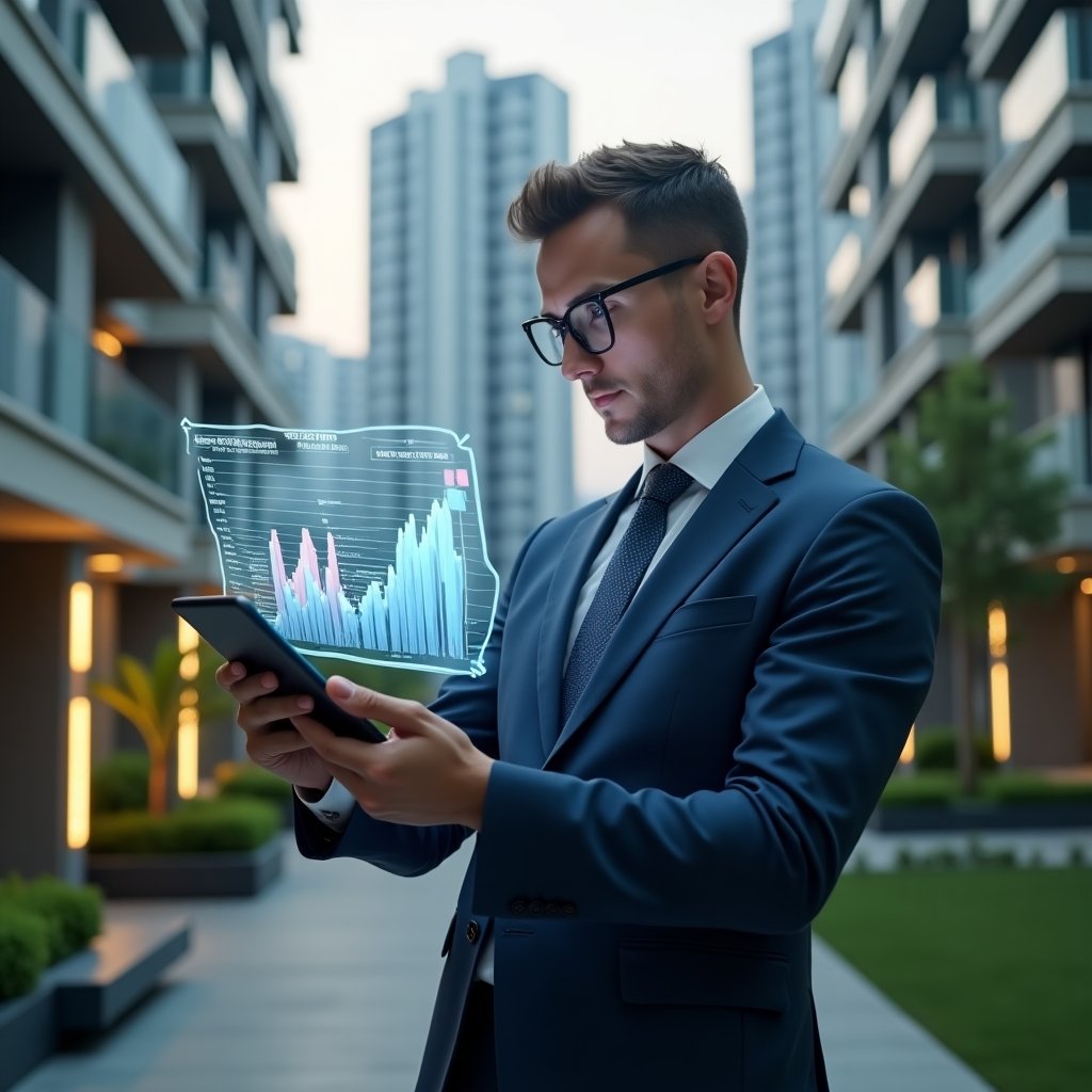 (Ultra-realistic property manager in a dark blue suit, set in a modern luxury condominium environment with high-rise buildings and green landscaping, analyzing a holographic budget chart contrasting ordinary vs extraordinary expenses while holding a tablet displaying bills and graphs, confident and thoughtful expression, cinematic lighting, shallow depth of field, highly detailed textures, realistic skin, photographic realism, 8k resolution --ar 1:1 --v 6)