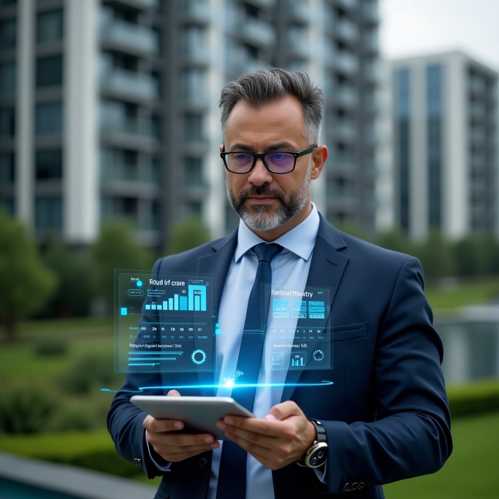 (Ultra-realistic condominium manager in a navy blue business suit, set in a modern luxury condominium environment with high-rise buildings and manicured green landscaping, holding a digital tablet projecting a holographic split-screen of ordinary vs extraordinary expense charts with floating currency icons, thoughtful expression, cinematic lighting, shallow depth of field, highly detailed textures, realistic skin, photographic realism, 8k resolution --ar 1:1 --v 6)