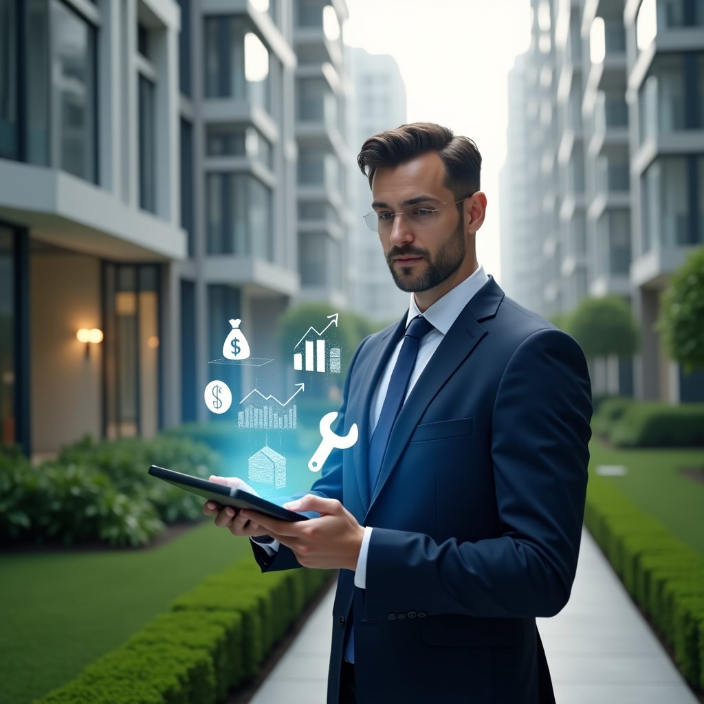 (Ultra-realistic condominium manager in a navy blue executive suit, set in a modern luxury condominium environment with high-rise buildings and manicured green landscaping, holding a tablet displaying holographic charts contrasting ordinary vs extraordinary expenses, analytical and confident expression, floating holographic icons of a money bag and a wrench symbolizing routine costs and urgent repairs, cinematic lighting, shallow depth of field, highly detailed textures, realistic skin, photographic realism, 8k resolution --ar 1:1 --v 6)