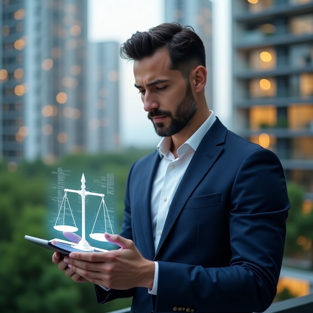 (Ultra-realistic condominium manager in a navy blue tailored suit, set in a modern luxury condominium environment with high-rise buildings and lush green landscaping, mid-shot analyzing a holographic financial chart and balance scales icon floating beside him, thoughtful and confident expression, cinematic lighting, shallow depth of field, highly detailed textures, realistic skin, photographic realism, 8k resolution --ar 1:1 --v 6)
