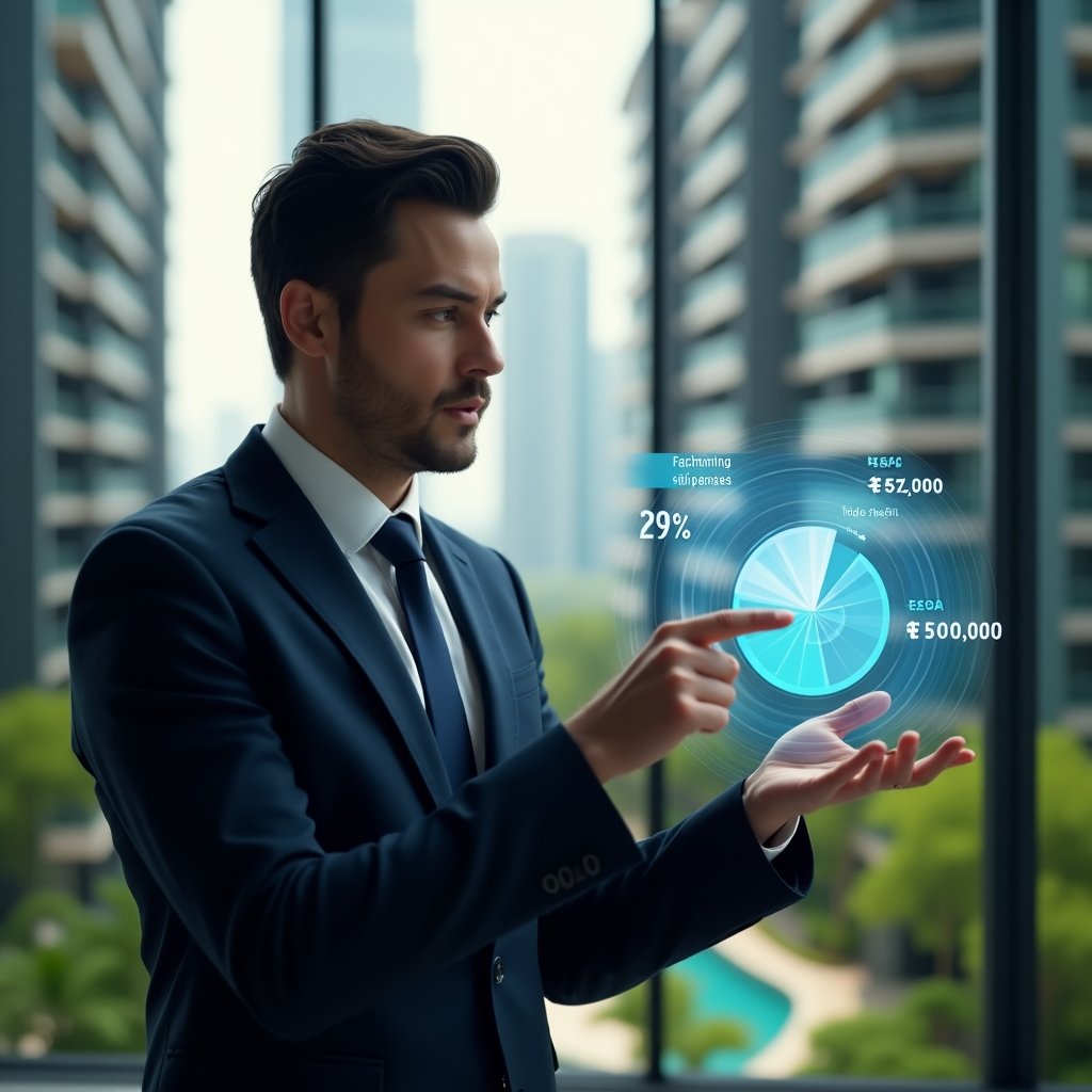 Ultra-realistic condominium manager in a navy tailored suit, set in a modern luxury condominium environment with high-rise buildings and lush green landscaping, medium shot of the professional thoughtfully comparing a holographic pie chart split into ordinary vs extraordinary expenses with floating budget icons and a digital calculator overlay, cinematic lighting, shallow depth of field, highly detailed textures, realistic skin, photographic realism, 8k resolution --ar 1:1 --v 6