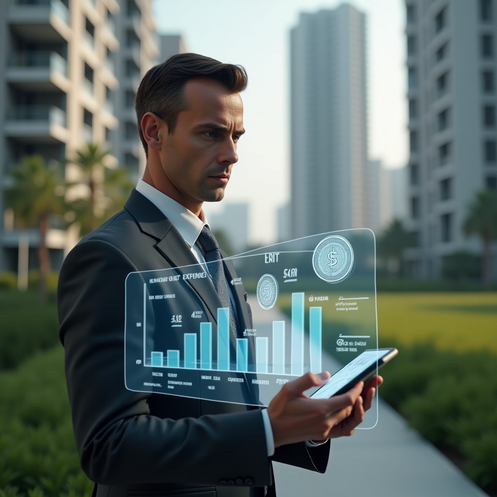 (Ultra-realistic condominium manager in a charcoal gray suit, set in a modern luxury condominium environment with high-rise buildings and well-kept green landscaping, medium shot focusing on the manager holding a tablet displaying holographic financial charts contrasting ordinary vs extraordinary expenses, thoughtful and confident expression as they analyze data, floating icons of coins and repair tools symbolizing expense categories, cinematic lighting, shallow depth of field, highly detailed textures, realistic skin, photographic realism, 8k resolution --ar 1:1 --v 6)