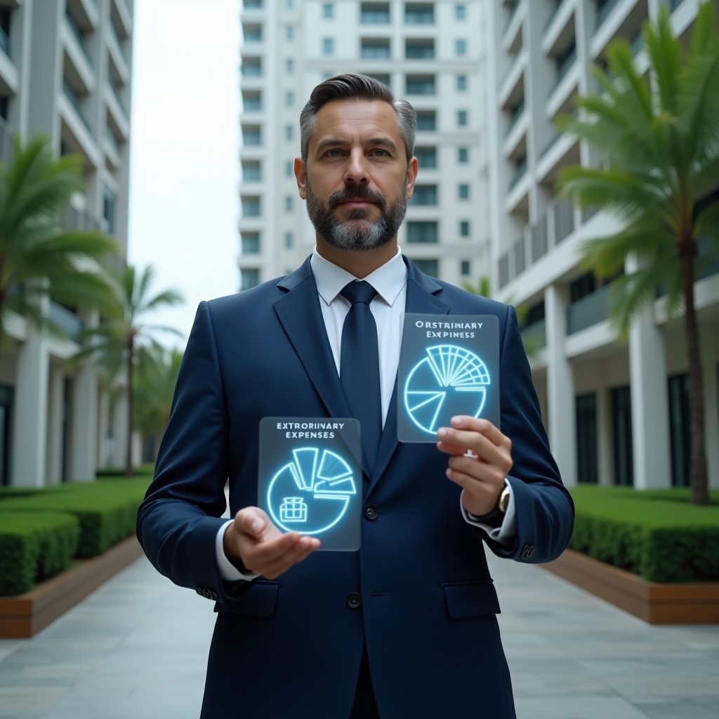 (Ultra-realistic condominium manager in a tailored navy blue executive suit, set in a modern luxury condominium environment with high-rise buildings and lush green landscaping, medium shot, confidently comparing two translucent holographic pie charts labeled “Ordinary Expenses” vs “Extraordinary Expenses,” thematic icons of a calendar and a construction blueprint floating beside them, cinematic lighting, shallow depth of field, highly detailed textures, realistic skin, photographic realism, 8k resolution --ar 1:1 --v 6)