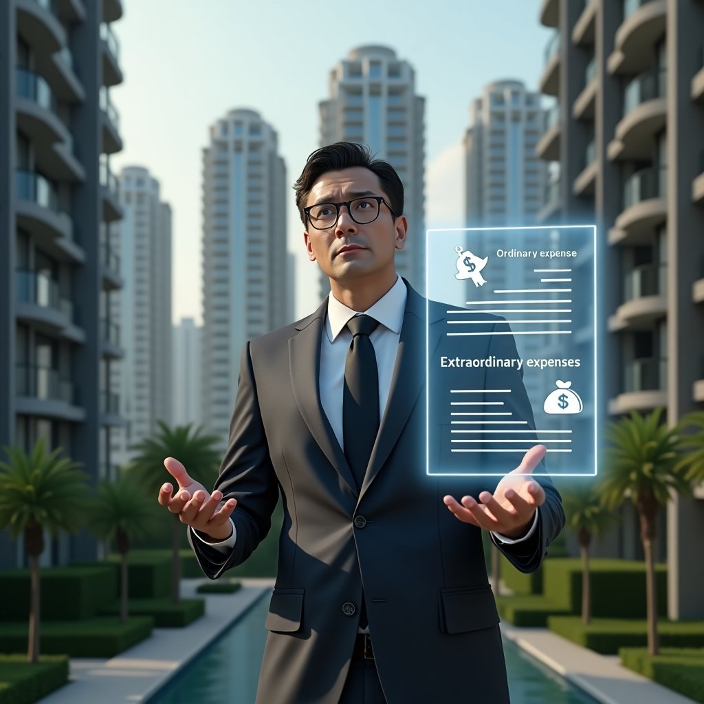 Ultra-realistic condominium manager in a dark gray tailored suit, set in a modern luxury condominium environment with high-rise buildings and manicured greenery, medium shot of a thoughtful manager analyzing two floating holographic spreadsheets labeled “Ordinary expenses” and “Extraordinary expenses”, with translucent financial charts and money bag and wrench icons symbolizing maintenance and emergency costs, cinematic lighting, shallow depth of field, highly detailed textures, realistic skin, photographic realism, 8k resolution --ar 1:1 --v 6