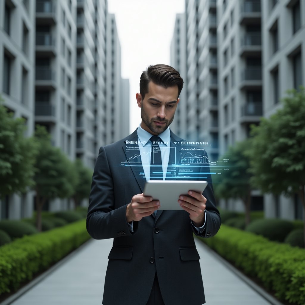 (Ultra-realistic condominium manager in a dark gray executive suit, set in a modern luxury condominium environment with high-rise buildings and manicured green landscaping, medium shot of a confident professional examining a tablet displaying holographic charts comparing ordinary vs extraordinary expenses with maintenance and renovation icons, cinematic lighting, shallow depth of field, highly detailed textures, realistic skin, photographic realism, 8k resolution --ar 1:1 --v 6)