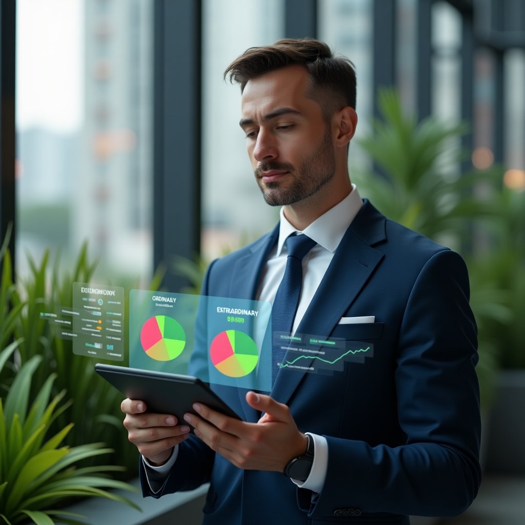Ultra-realistic condominium manager in a navy business suit, set in a modern luxury condominium environment with high-rise buildings and lush green landscaping, holding a tablet displaying holographic pie charts with green and red segments representing ordinary vs extraordinary expenses, analyzing financial data with a confident, focused expression, cinematic lighting, shallow depth of field, highly detailed textures, realistic skin, photographic realism, 8k resolution --ar 1:1 --v 6