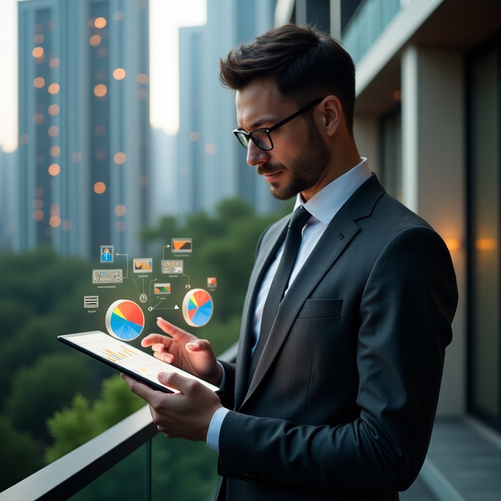 Ultra-realistic condominium manager in a dark gray tailored suit, set in a modern luxury condominium environment with high-rise buildings and green landscaping, holding a digital tablet displaying floating holographic pie charts contrasting ordinary vs extraordinary expenses, reviewing budget with a thoughtful expression, glowing financial data holograms around, cinematic lighting, shallow depth of field, highly detailed textures, realistic skin, photographic realism, 8k resolution --ar 1:1 --v 6