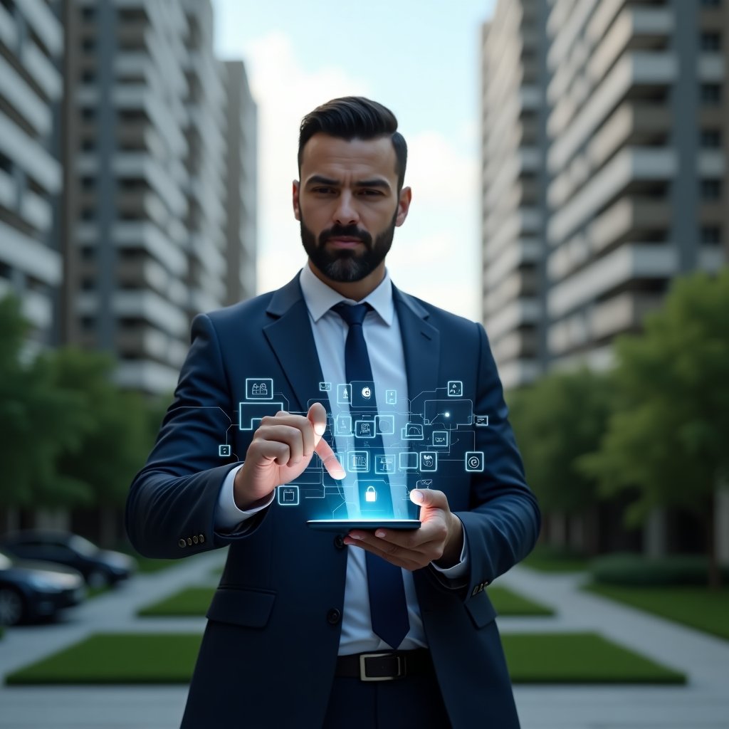 Ultra-realistic condominium manager in a sleek navy blue suit, set in a modern luxury condominium environment with high-rise buildings and manicured green landscaping, holding and swiping through a floating holographic smartphone interface displaying app icons, financial graphs, and security lock symbols, confident and analytical expression, cinematic lighting, shallow depth of field, highly detailed textures, realistic skin, photographic realism, 8k resolution --ar 1:1 --v 6